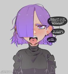 Rule 34 | 1girl, artist name, black shirt, blunt ends, commentary, duolingo, earrings, english commentary, english text, grey background, hair behind ear, hair over one eye, jewelry, knuxy, lily (duolingo), open mouth, purple eyes, purple hair, shirt, simple background, solo, speech bubble, tongue