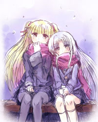 Rule 34 | 10s, 2girls, angel beats!, blonde hair, brown eyes, long hair, multiple girls, pantyhose, scarf, shared clothes, shared scarf, silver hair, sitting, tazu, tenshi (angel beats!), twintails, yellow eyes, yusa (angel beats!)