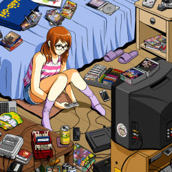 Rule 34 | 1girl, bed, bedroom, black-framed eyewear, brown eyes, brown hair, commentary, controller, coronavirus pandemic, crt, cutoffs, english commentary, famicom, game cartridge, game console, game controller, gamepad, glasses, jose salot, knees together feet apart, low twintails, messy room, original, pc engine, playing games, short hair, shorts, sitting, socks, solo, striped, super nintendo, tank top, television, twintails