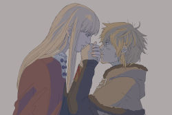 Rule 34 | 2boys, blonde hair, blue eyes, brown eyes, canute, closed mouth, eyelashes, face-to-face, fur trim, grey background, holding hands, konki, long hair, looking at another, male focus, messy hair, multiple boys, prince, profile, simple background, thorfinn, viking, vinland saga, yaoi