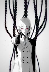 Rule 34 | 10s, 1boy, akechi gorou, black gloves, braid, buttons, chromatic aberration, coat, double-breasted, gloves, gradient background, hair between eyes, highres, looking at viewer, male focus, monochrome, naru9, necktie, outstretched hand, persona, persona 5, pink eyes, pocket, short hair, simple background, smile, solo, spot color, upper body