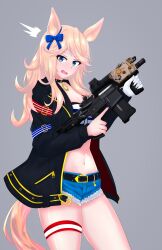 Rule 34 | 1girl, animal ears, bandeau, belt, black belt, black choker, blonde hair, blue bow, blue eyes, blue nails, bow, choker, commentary request, cowboy shot, cutoffs, denim, denim shorts, gloves, gold city (umamusume), grey background, gun, hair bow, highres, holding, holding gun, holding weapon, horse ears, long hair, looking at viewer, midriff, nail polish, navel, open mouth, ryouri (kagari atf), short shorts, shorts, simple background, single glove, solo, standing, stomach, strapless, striped bandeau, swept bangs, tail, thigh strap, thighs, tube top, umamusume, weapon, white gloves