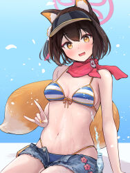 Rule 34 | 1girl, absurdres, animal ears, bikini, blue archive, blue shorts, blush, breasts, brown hair, fingernails, fox ears, fox shadow puppet, fox tail, hair between eyes, halo, highres, izuna (blue archive), izuna (swimsuit) (blue archive), looking at viewer, nail polish, official alternate costume, open mouth, pink halo, ramune, ryh4, short hair, shorts, small breasts, solo, striped bikini, striped clothes, swimsuit, tail, yellow eyes, yellow nails