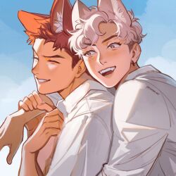 Rule 34 | 2boys, animal ear fluff, animal ears, arm around shoulder, artist name, blue background, blue sky, brown eyes, brown hair, cat boy, cat ears, closed mouth, collared shirt, commentary, dog boy, dog ears, earrings, english commentary, etceteraart, fangs, grin, hands up, highres, jewelry, long sleeves, looking at another, male focus, multiple boys, open mouth, original, outdoors, shirt, short hair, sky, smile, solo, twitter username, upper body, white hair, white shirt, yaoi