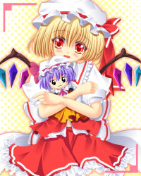 Rule 34 | 1girl, :3, ascot, bad id, bad pixiv id, blonde hair, blouse, blush stickers, character doll, cokua, hugging doll, female focus, flandre scarlet, halftone, hat, hat ribbon, head tilt, highres, light purple hair, looking at viewer, mob cap, hugging object, open mouth, red eyes, remilia scarlet, ribbon, shirt, short hair, short sleeves, skirt, solo, touhou, vest, wings
