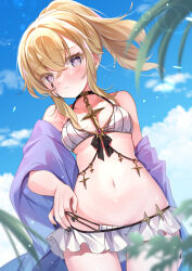 Rule 34 | 1girl, bikini, bikini skirt, blonde hair, blue sky, blurry, blush, celestine (letmebid), cloud, commentary request, commission, crossed bangs, day, depth of field, floating hair, gau (n00 shi), hair between eyes, hand on own hip, highres, leaf, lens flare, looking at viewer, nail polish, navel, open mouth, original, palm tree, parted lips, pixiv commission, ponytail, purple eyes, purple shawl, shawl, sky, solo, standing, star-shaped pupils, star (symbol), stomach, swimsuit, symbol-shaped pupils, thigh gap, tree, white bikini
