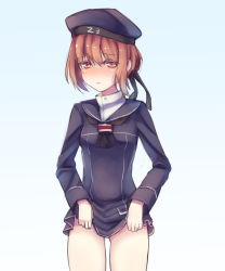 Rule 34 | 10s, 1girl, bad id, bad pixiv id, beret, bottomless, brown eyes, brown hair, clothes writing, dress, embarrassed, hat, kantai collection, lasts, long sleeves, personification, sailor collar, sailor dress, sailor hat, short hair, solo, z3 max schultz (kancolle)