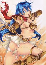 Rule 34 | 1girl, armor, asou yuuko, ass, blue eyes, blue hair, boots, breasts, gauntlets, gloves, holding, holding weapon, knee boots, large breasts, long hair, looking at viewer, mugen senshi valis, open mouth, panties, pauldrons, red scarf, scarf, shoulder armor, simple background, skirt, solo, sword, torn clothes, underwear, valis, weapon, white panties