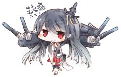 Rule 34 | 10s, 1girl, black hair, blush stickers, character name, chibi, faux traditional media, fusou (kancolle), hair ornament, kantai collection, kotatu (akaki01aoki00), long hair, looking at viewer, machinery, nontraditional miko, red eyes, simple background, smile, solo, translation request, turret, white background