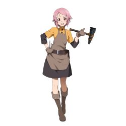 Rule 34 | 1girl, :d, apron, black skirt, boots, freckles, full body, grey apron, grey footwear, hair ornament, hairclip, hammer, hand on own hip, highres, holding, holding hammer, knee boots, layered sleeves, lisbeth (sao), long sleeves, looking at viewer, miniskirt, official art, open mouth, pink hair, red eyes, shirt, short hair, short over long sleeves, short sleeves, skirt, smile, solo, standing, swept bangs, sword art online, transparent background, yellow shirt
