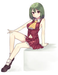 Rule 34 | 1girl, absurdres, adapted costume, arm support, ascot, bare arms, bare shoulders, black footwear, breasts, full body, green hair, hair between eyes, highres, kazami yuuka, large breasts, loafers, looking at viewer, navel, plaid, plaid skirt, plaid vest, red eyes, red skirt, shirt, shoes, short hair, sitting, skirt, skirt set, sleeveless, smile, socks, solo, subaru (subachoco), touhou, vest, white background, white socks