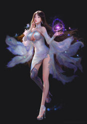 Rule 34 | 1girl, bare shoulders, blue eyes, boots, breasts, brown hair, bug, butterfly, cleavage cutout, clothing cutout, dark background, dress, earrings, covered erect nipples, flower, hand on own face, high heel boots, high heels, highres, bug, jewelry, large breasts, long hair, looking at viewer, magic, navel, original, parted lips, ruoxin zhang, solo, thighhighs