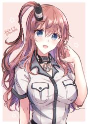 Rule 34 | 1girl, blue eyes, blush, border, breast pocket, brown hair, dated, hair between eyes, kabocha torute, kantai collection, long hair, one-hour drawing challenge, open mouth, pocket, saratoga (kancolle), shirt, short sleeves, side ponytail, smile, solo, star (symbol), twitter username, upper body, white border, white shirt