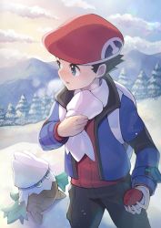 Rule 34 | 1boy, black hair, black pants, blue jacket, breath, cloud, cold, commentary request, creatures (company), day, game freak, gen 4 pokemon, hand up, hat, highres, holding, holding poke ball, jacket, long sleeves, lucas (pokemon), male focus, nintendo, outdoors, pants, poke ball, poke ball (basic), pokemon, pokemon (creature), pokemon dppt, pokemon platinum, red headwear, red sweater, scarf, short hair, sky, snover, snow, spiked hair, standing, sweater, tree, white scarf, zeroki (izuno)