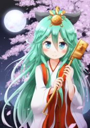 Rule 34 | 10s, 1girl, blue eyes, blurry, cherry blossoms, commentary request, depth of field, full moon, green hair, gu-rahamu omega x, hair ornament, hair ribbon, hairclip, hishaku, holding, japanese clothes, kantai collection, long hair, looking at viewer, miko, moon, petals, ribbon, smile, solo, wind, yamakaze (kancolle)