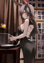 Rule 34 | 1girl, absurdres, alternate costume, animal ears, april (arknights), arknights, back cutout, belt, black dress, blue eyes, blush, breasts, brown hair, chinese commentary, closed mouth, clothing cutout, commission, cup, dress, drinking glass, food, from side, fruit, headphones, highres, holding, implied extra ears, indoors, lime (fruit), lime slice, looking at viewer, nail polish, phonograph, pixiv commission, rabbit ears, rabbit tail, record, red nails, ru zhai, side slit, solo, tail, thigh strap, window