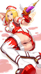 Rule 34 | 1girl, ass, bare shoulders, blonde hair, blue eyes, blue mary, bob cut, breasts, cleavage, fatal fury, gloves, halloween, hat, highres, holding, holding syringe, id card, large breasts, large syringe, looking at viewer, midriff, nurse, nurse cap, oversized object, parted hair, short hair, simple background, sleeveless, smile, snk, solo, syringe, the king of fighters, the king of fighters all-stars, thighhighs, white thighhighs, yagi2013