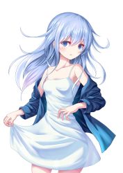 Rule 34 | 1girl, alternate costume, armpits, blue eyes, blush, breasts, dress, hair between eyes, hibiki (kancolle), jacket, kantai collection, long dress, long hair, looking at viewer, open mouth, silver hair, simple background, small breasts, solo, white background, yatsu seisakusho