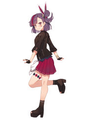 Rule 34 | 1girl, absurdres, black jacket, closed mouth, facial mark, fingerless gloves, from side, full body, gem (symbol), gloves, highres, jacket, looking at viewer, miniskirt, multicolored hair, nail polish, one side up, platform footwear, pleated skirt, purple hair, red skirt, shoes, short hair, simple background, skirt, smile, solo, standing, standing on one leg, streaked hair, tenjin kotone, tenjin kotone (channel), toeless footwear, tonarikeru, virtual youtuber, white background, yellow eyes, zipper