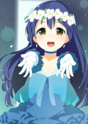 Rule 34 | 1girl, blue dress, blue hair, blush, choker, commentary request, dress, earrings, gloves, hair between eyes, hair ornament, head wreath, jewelry, long hair, looking at viewer, love live!, love live! school idol project, open mouth, outstretched arms, reaching, reaching towards viewer, smile, solo, sonoda umi, tofu1601, white gloves, yellow eyes, yume no tobira
