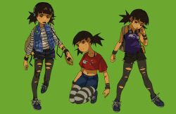Rule 34 | 1girl, backpack, bag, black footwear, black hair, black shorts, blue camisole, blue shorts, blue vest, blunt bangs, camisole, colored skin, crop top, evilstaplers, green background, highres, kneeling, looking at viewer, midriff, multiple views, navel, open mouth, original, pantyhose, print camisole, print shirt, red eyes, red shirt, shelby (evilstaplers), shirt, shoes, short sleeves, short twintails, shorts, simple background, standing, striped clothes, striped shirt, torn clothes, torn pantyhose, twintails, vest, yellow skin