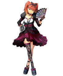 Rule 34 | 1girl, :3, bag, belt, bertha bernstein, black thighhighs, blush stickers, breasts, choker, cleavage, crossed legs, dress, fang, full body, gloves, gothic lolita, hairband, hand fan, handbag, holding, holding fan, juliet sleeves, lace, lace-trimmed gloves, lace-trimmed legwear, lace trim, lolita fashion, long hair, long sleeves, looking at viewer, official art, orange hair, plaid, plaid skirt, platform footwear, puffy sleeves, red hair, single thighhigh, skirt, small breasts, smile, solo, standing, super robot wars, super robot wars x-omega, thighhighs, transparent background, twintails, watanabe wataru (character designer)