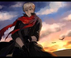 Rule 34 | 1boy, archer (fate), bird, black jacket, fate/extra, fate (series), fingerless gloves, gloves, grey eyes, gun, jacket, letterboxed, long coat, male focus, namahamu (hmhm 81), red scarf, scarf, solo, sunset, weapon, white hair
