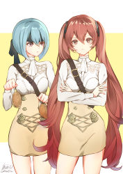 Rule 34 | 2girls, alternate costume, atoatto, beruka (fire emblem), blue hair, bread, crossed arms, fire emblem, fire emblem: three houses, fire emblem fates, fire emblem heroes, food, garreg mach monastery uniform, holding, holding food, looking at another, looking at viewer, multiple girls, nintendo, red hair, school uniform, selena (fire emblem fates), severa (fire emblem), simple background, standing, thighs, upper body