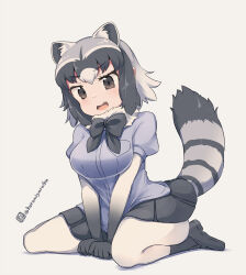 Rule 34 | 1girl, :d, animal ear fluff, animal ears, between legs, black footwear, black gloves, black hair, black skirt, blue shirt, breasts, brown eyes, common raccoon (kemono friends), elbow gloves, fang, gloves, gradient gloves, grey background, grey hair, hand between legs, kemono friends, kuromiya, loafers, looking at viewer, medium breasts, multicolored hair, one-hour drawing challenge, open mouth, pantyhose, pleated skirt, puffy short sleeves, puffy sleeves, raccoon ears, raccoon girl, raccoon tail, shirt, shoes, short sleeves, simple background, sitting, skirt, smile, solo, tail, twitter username, two-tone hair, v-shaped eyebrows, wariza, white gloves, white hair, white pantyhose