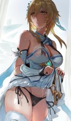Rule 34 | 1girl, bare shoulders, black panties, blonde hair, breasts, clothes lift, dress, dress lift, genshin impact, hair ornament, hews, highres, large breasts, lumine (genshin impact), medium hair, panties, parted lips, side-tie panties, solo, thighs, underwear, wet, wet clothes, white dress, yellow eyes