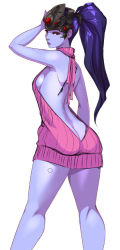 Rule 34 | 1girl, ass, blue hair, blue skin, butt crack, colored skin, dress, earrings, from behind, head-mounted display, jewelry, kyoffie, looking at viewer, looking back, meme attire, overwatch, overwatch 1, ponytail, solo, stud earrings, sweater, sweater dress, virgin killer sweater, white background, widowmaker (overwatch), yellow eyes