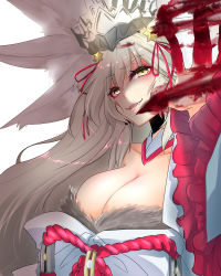 Rule 34 | 1girl, absurdres, animal ear fluff, animal ears, blonde hair, blood, breasts, fangs, fangs out, fate/grand order, fate (series), hair between eyes, highres, koyanskaya (fate), koyanskaya (lostbelt beast:iv) (fate), long hair, looking at viewer, open mouth, ria a9, simple background, solo, tamamo (fate), very long hair, white background, yellow eyes