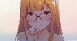 Rule 34 | 1girl, amupon, bare shoulders, blunt bangs, brown eyes, close-up, closed mouth, collarbone, commentary request, glasses, hand up, heart, heart necklace, highres, hime cut, holding, holding jewelry, holding necklace, jewelry, lips, long hair, looking at viewer, necklace, orange hair, persona, persona 5, portrait, sakura futaba, solo, straight hair, upper body