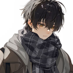 1boy abcdqwerooo black_hair brown_coat closed_mouth coat crossed_bangs ear_piercing grey_scarf hair_between_eyes highres lapels looking_down male_focus male_rover_(wuthering_waves) open_clothes open_coat piercing plaid_clothes plaid_scarf rover_(wuthering_waves) scarf short_hair simple_background solo upper_body white_background wuthering_waves yellow_eyes