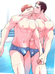 Rule 34 | 2boys, abs, bara, blue male swimwear, bulge, couple, feet out of frame, french kiss, head grab, head tilt, holding hands, kiss, large pectorals, male focus, male swimwear, multiple boys, muscular, muscular male, navel, nipples, original, owariya ranko, pectorals, poolside, short hair, stomach, swim briefs, thick eyebrows, thick thighs, thighs, topless male, wet, yaoi