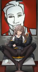 Rule 34 | 1girl, brown eyes, burger, clothes lift, fingerless gloves, food, footjob, girls&#039; frontline, gloves, grey hair, highres, holding, holding food, jacket, kfc, knee pads, lifted by self, long hair, no shoes, off shoulder, one side up, panties, pantyhose, pantyshot, parody, penis, pleated skirt, pussy juice, pussy juice stain, sawkm, scar, scar across eye, scar on face, shirt, sitting, skirt, skirt lift, spread legs, two-footed footjob, ump45 (girls&#039; frontline), uncensored, underwear, vest, white shirt