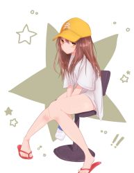 Rule 34 | !, !!, 1girl, arms between legs, asai umi, bottle, brown eyes, brown hair, chair, commentary request, flip-flops, hat, highres, holding, holding bottle, long hair, naked shirt, on chair, original, oversized clothes, oversized shirt, red footwear, sandals, shirt, short sleeves, sitting, solo, star (symbol), toes, water bottle, white background, white shirt, yellow hat