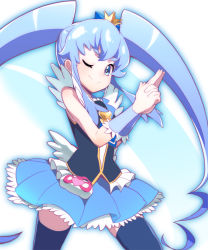 Rule 34 | 10s, 1girl, bad id, bad pixiv id, blue eyes, blue hair, blue skirt, blue thighhighs, brooch, cure princess, earrings, eyelashes, hair ornament, happinesscharge precure!, happy, heart, heart brooch, highres, jewelry, long hair, looking at viewer, magical girl, matching hair/eyes, one eye closed, precure, shirayuki hime, shirt, simple background, skirt, smile, solo, thighhighs, thighs, tonami kanji, twintails, white background, wink, wrist cuffs, zettai ryouiki