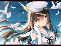 Rule 34 | 1girl, bird, bison cangshu, blurry, blush, breasts, brown eyes, brown hair, cleavage, collarbone, depth of field, elbow gloves, feathers, floating hair, gloves, hair between eyes, hand up, hat, highres, large breasts, long hair, looking at viewer, ocean, open mouth, peaked cap, sailor collar, smile, solo, upper body, very long hair, warship girls r, white gloves