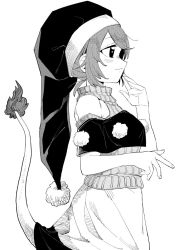 Rule 34 | 1girl, anarogumaaa, bare arms, bare shoulders, closed mouth, clothing cutout, commentary request, doremy sweet, fingernails, from side, greyscale, hand up, hat, monochrome, nightcap, pom pom (clothes), shoulder cutout, simple background, smile, solo, sweater, sweater vest, tail, tapir tail, touhou, turtleneck, turtleneck sweater, white background