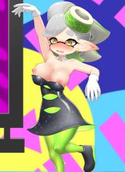 Rule 34 | + +, 1girl, absurdres, black dress, black footwear, blush, breasts, collar, domino mask, dress, earrings, embarrassed, gloves, green hair, green pantyhose, hair ornament, highres, jewelry, large breasts, marie (splatoon), mask, multicolored hair, nintendo, nipples, open mouth, pantyhose, pero (pero7762), pointy ears, short hair, silver hair, solo, splatoon (series), splatoon 1, standing, standing on one leg, strapless, thick eyebrows, two-tone hair, wardrobe malfunction, white gloves, yellow eyes