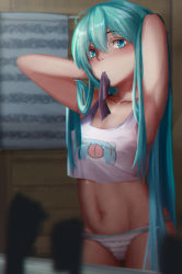 Rule 34 | 1girl, animal print, armpits, bare arms, bare shoulders, cameltoe, cat print, collarbone, crop top, hatsune miku, highres, housou-kun, long hair, looking at viewer, looking to the side, mouth hold, navel, panties, solo, stomach, striped clothes, striped panties, underwear, vocaloid