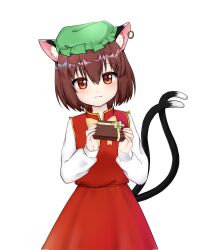 Rule 34 | 1girl, animal ear fluff, animal ear piercing, animal ears, bow, bowtie, box, brown eyes, brown hair, cat ears, cat tail, chen, commentary request, cowboy shot, earrings, fang, fang out, gift, gift box, gold trim, green hat, hair between eyes, hands up, hat, head tilt, highres, holding, holding box, jewelry, light blush, light smile, looking at viewer, mob cap, multiple tails, nail polish, nekomata, qi lang3568, red nails, red skirt, red vest, short hair, simple background, single earring, skirt, skirt set, solo, tail, touhou, two tails, vest, white background, yellow bow, yellow bowtie
