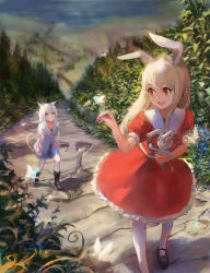 Rule 34 | 2girls, animal ears, black footwear, blonde hair, blouse, blush, boots, bug, butterfly, cat ears, cat tail, closed mouth, highres, insect, long hair, looking at another, multiple girls, open mouth, original, outdoors, pantyhose, path, plant, puffy short sleeves, puffy sleeves, rabbit ears, road, shirt, short sleeves, sishenfan, sketch, smile, stuffed animal, stuffed rabbit, stuffed toy, tail, white hair, white legwear, white shirt