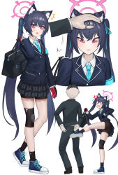 Rule 34 | 1boy, 1girl, absurdres, anger vein, angry, animal ears, armband, bag, bike shorts, black hair, blazer, blue archive, bow, cat ears, cat girl, character sheet, collared shirt, commentary, full body, hair between eyes, hair bow, hair ribbon, halo, headpat, highres, ildy, jacket, kicking, knee pads, long hair, long sleeves, looking at viewer, necktie, plaid, plaid skirt, pleated skirt, red eyes, ribbon, school bag, school uniform, sensei (blue archive), serika (blue archive), shirt, sidelocks, simple background, skirt, slit pupils, standing, twintails, white background