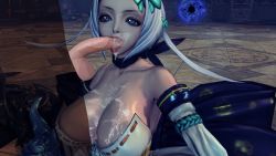 Rule 34 | 10s, 1girl, 3d, areola slip, bare shoulders, blade &amp; soul, blue eyes, breasts, cum, cum in mouth, cum on body, cum on breasts, cum on upper body, detached sleeves, fellatio, hetero, highres, jin (blade &amp; soul), julia (blade &amp; soul), large breasts, large penis, looking at viewer, no bra, oral, penis, revealing clothes, short hair, strapless, tongue, uncensored, veins, veiny penis, white hair
