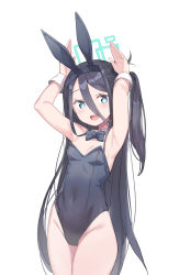Rule 34 | 1girl, animal ears, aris (blue archive), armpits, arms up, black bow, black bowtie, black hair, black leotard, blue archive, blue eyes, bow, bowtie, breasts, caramelldansen, commentary request, covered navel, cowboy shot, detached collar, hair between eyes, hairband, halo, highleg, highleg leotard, highres, leotard, light blush, long hair, looking at viewer, newey, open mouth, petite, playboy bunny, rabbit ears, rectangular halo, side ponytail, simple background, small breasts, solo, strapless, strapless leotard, teeth, thighs, traditional bowtie, upper teeth only, very long hair, white background, wing collar