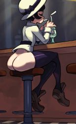 Rule 34 | 1girl, alex ahad, ass, black thighhighs, bottomless, drinking straw, closed eyes, filia (skullgirls), hat, highres, huge ass, loafers, shoes, sitting, skullgirls, solo, stool, thighhighs