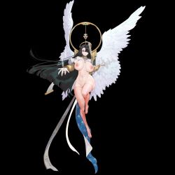 Rule 34 | 1girl, angel wings, azazel (last origin), black background, blush, breasts, breasts apart, detached collar, feathered wings, feathers, feet, floating, floating hair, flying, full body, functionally nude, gauntlets, green hair, hair over one eye, highres, holding, large areolae, large breasts, large nipples, last origin, legs, long hair, looking at viewer, magic, navel, nipples, no panties, parted bangs, parted lips, pelvic curtain, pink eyes, pink thighhighs, pussy, simple background, solo, thighhighs, thighs, third-party edit, toes, uncensored, wing, wings