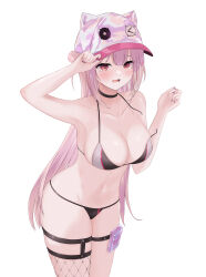 Rule 34 | 1girl, absurdres, animal ear headwear, animal ears, animal hat, arm up, armpits, bare shoulders, bikini, black bikini, black choker, blush, breasts, cat hat, choker, cleavage, collarbone, commentary request, embarrassed, fake animal ears, fishnet thighhighs, fishnets, girls&#039; frontline, hat, highres, holster, large breasts, long hair, looking at viewer, navel, official alternate costume, open mouth, pink hair, pink hat, red eyes, simple background, solo, swimsuit, thigh holster, thigh strap, thighhighs, ukm-2000 (girls&#039; frontline), ukm-2000 (soda tale) (girls&#039; frontline), untied bikini, vii22581034, wardrobe malfunction, white background